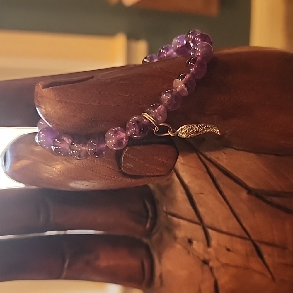 Amethyst Bead Stretchy Bracelet With Angel Wing Charm